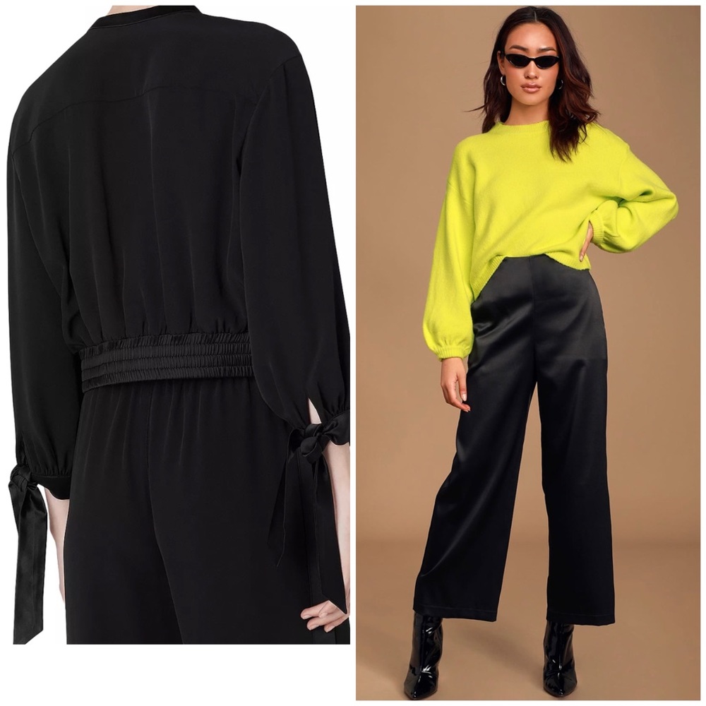 Jane+One Black Silk/Satin Set Ribbon Sleeve Jacket -Crop Pants